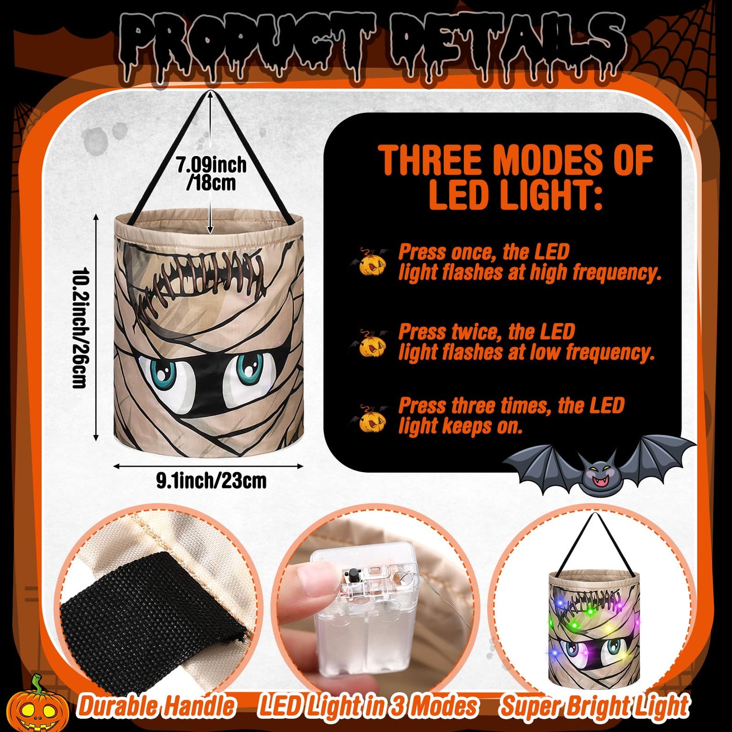 Sanwuta 3 Pcs Lighted Halloween Trick or Treat Bucket 10 x 10.5 Inches LED Spooky House Castle Bag Reusable Goody Candy Bucket for Kids Trick or Treat Halloween Birthday Party Favor Supplies(Novelty)