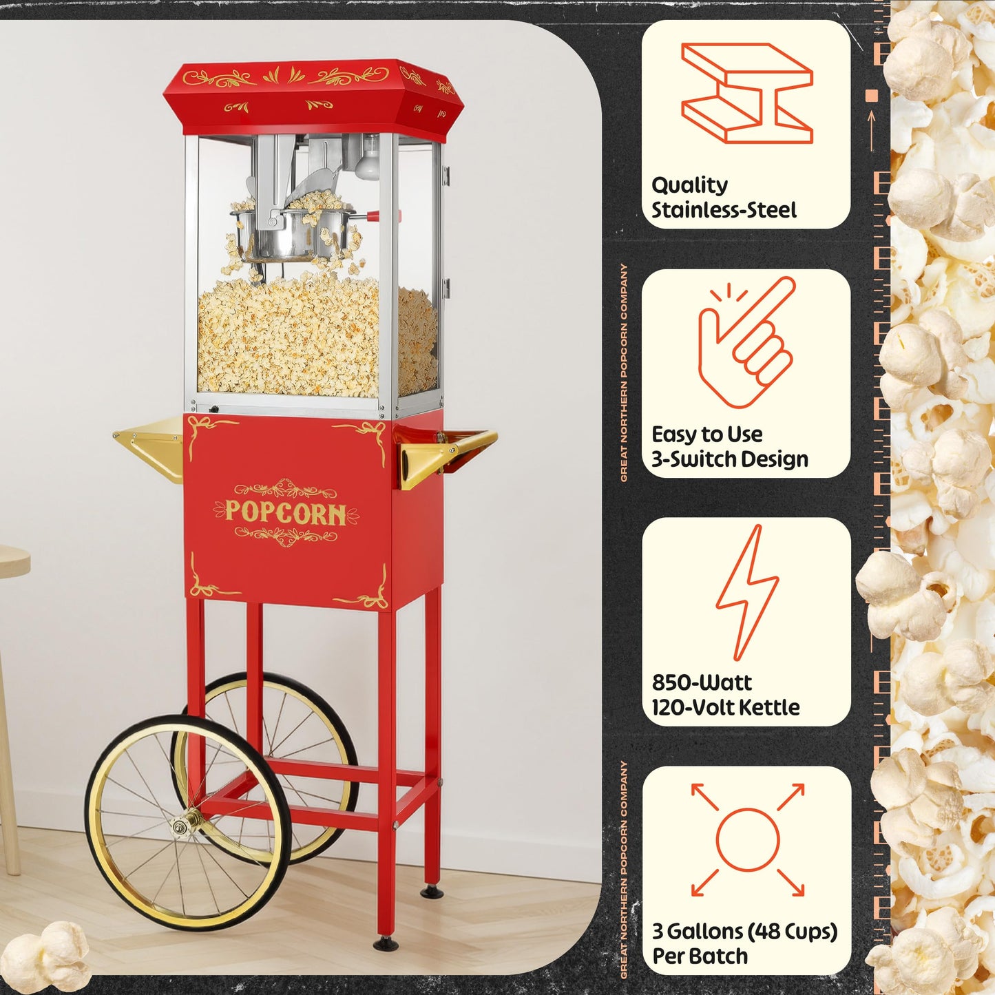 Movie Night Popcorn Machine - 3-Gallon Antique Popper with Cart, 8oz Kettle, Old Maids Drawer, Warming Tray, and Scoop by Great Northern Popcorn (Red)