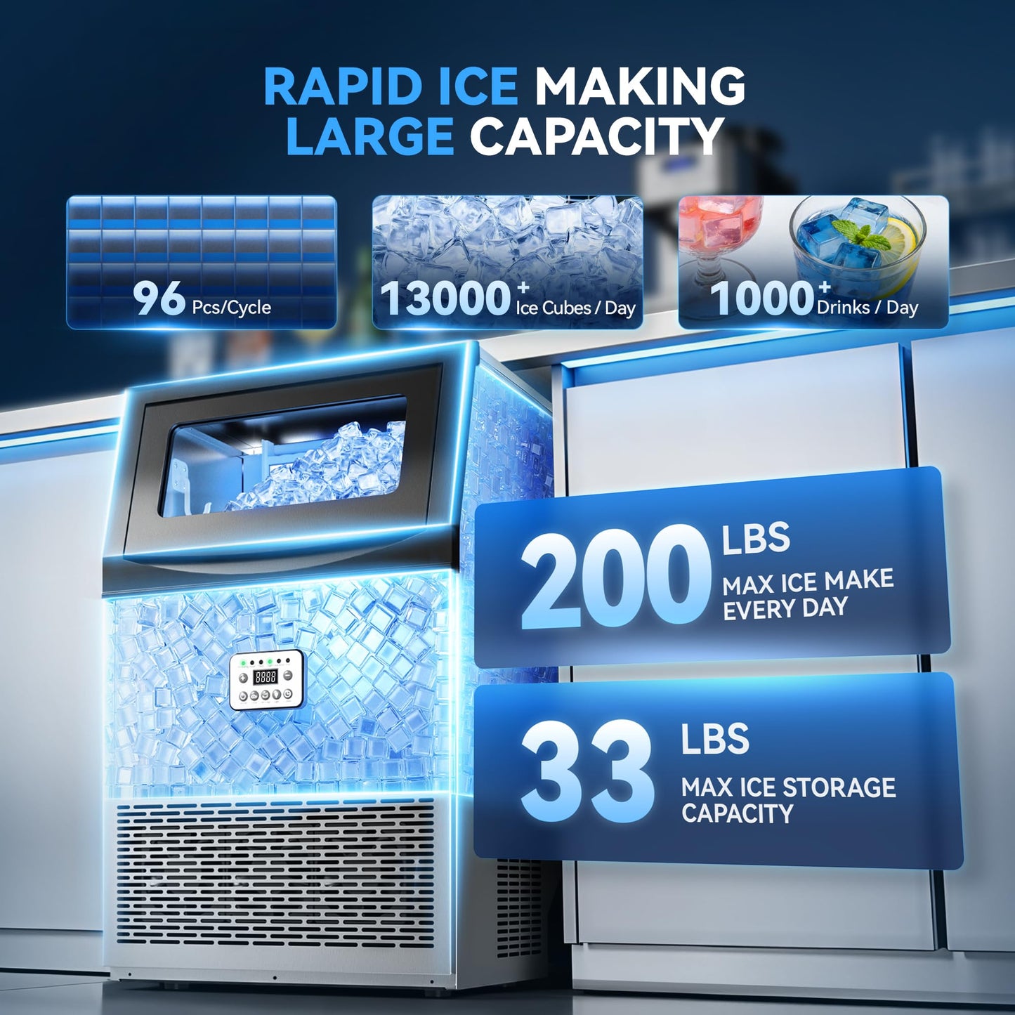 Tehanld Commercial Ice Maker Machine, 200LBS/24H with 33LBS Large Storage Capacity, 96 Ice Cubes/15 Mins, Ice Machine with Self-Cleaning & Water Filter, Under Counter & Freestanding for Home, Bar