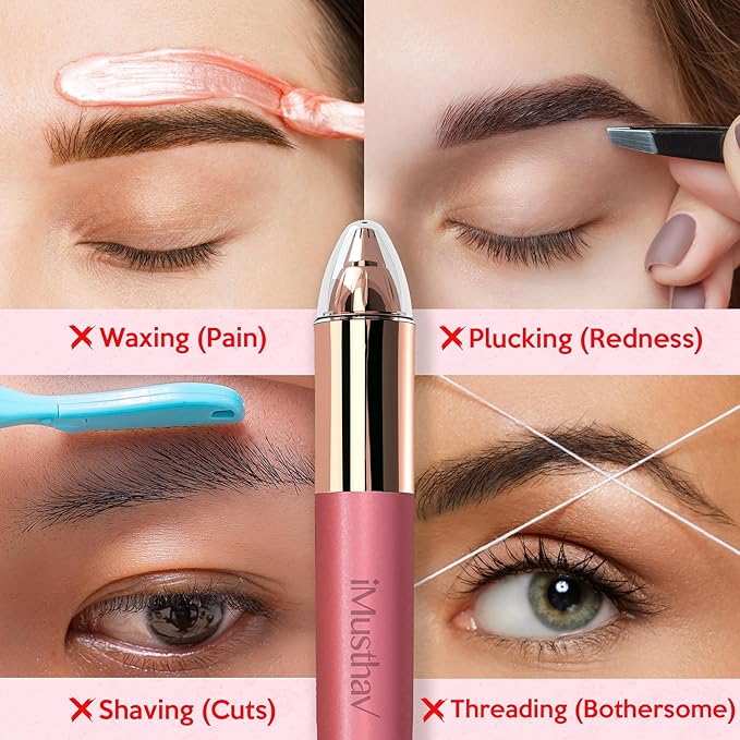 Eyebrow Hair Remover for Women | 18K Gold-Plated Head | 360° LED Light Portable Painless Epilator
