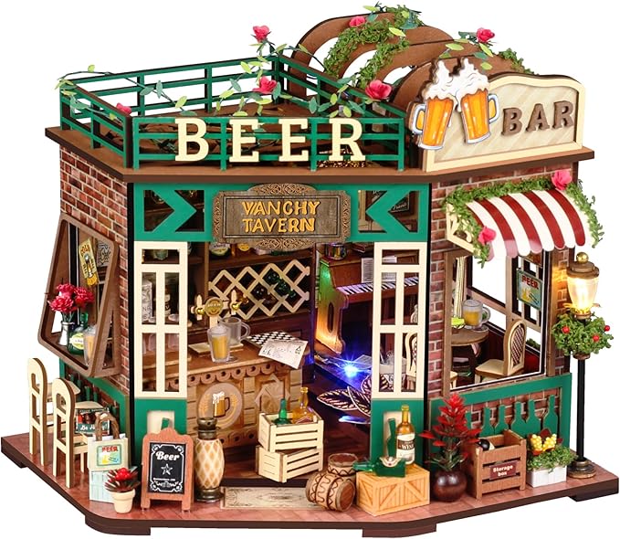 Splashora DIY Miniature Dollhouse Tavern Dollhouse Kit, Beer Bar with LED Lights, Retro Decor,Tiny House Building DIY Craf...