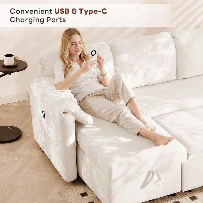 Tbfit 83'' Sleeper Sofa Bed with USB & Storage Chaise, Convertible Pull Out Sofa Bed, Couches for Living Room, Dorm, RV, Small Spaces, White Sherpa