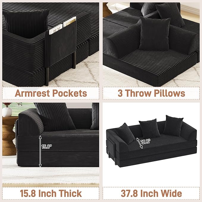Folding Convertible Sofa Bed with 3 Pillows, 79 " Corduroy Boneless Couch with Armrest Pockets, Lounge Loveseat Sleeper with Pull Out Bed, Memory Foam Compressed Sofa for Living Room Bedroom, Black
