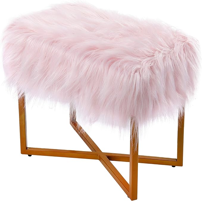 BIRDROCK HOME Rectangular Pink Faux Fur Foot Stool Ottoman with Gold Legs - Vanity Chair - Soft Compact Padded Seat - Bedroom and Kids Room Chair - Metal - Fluffy Makeup Seat Furniture