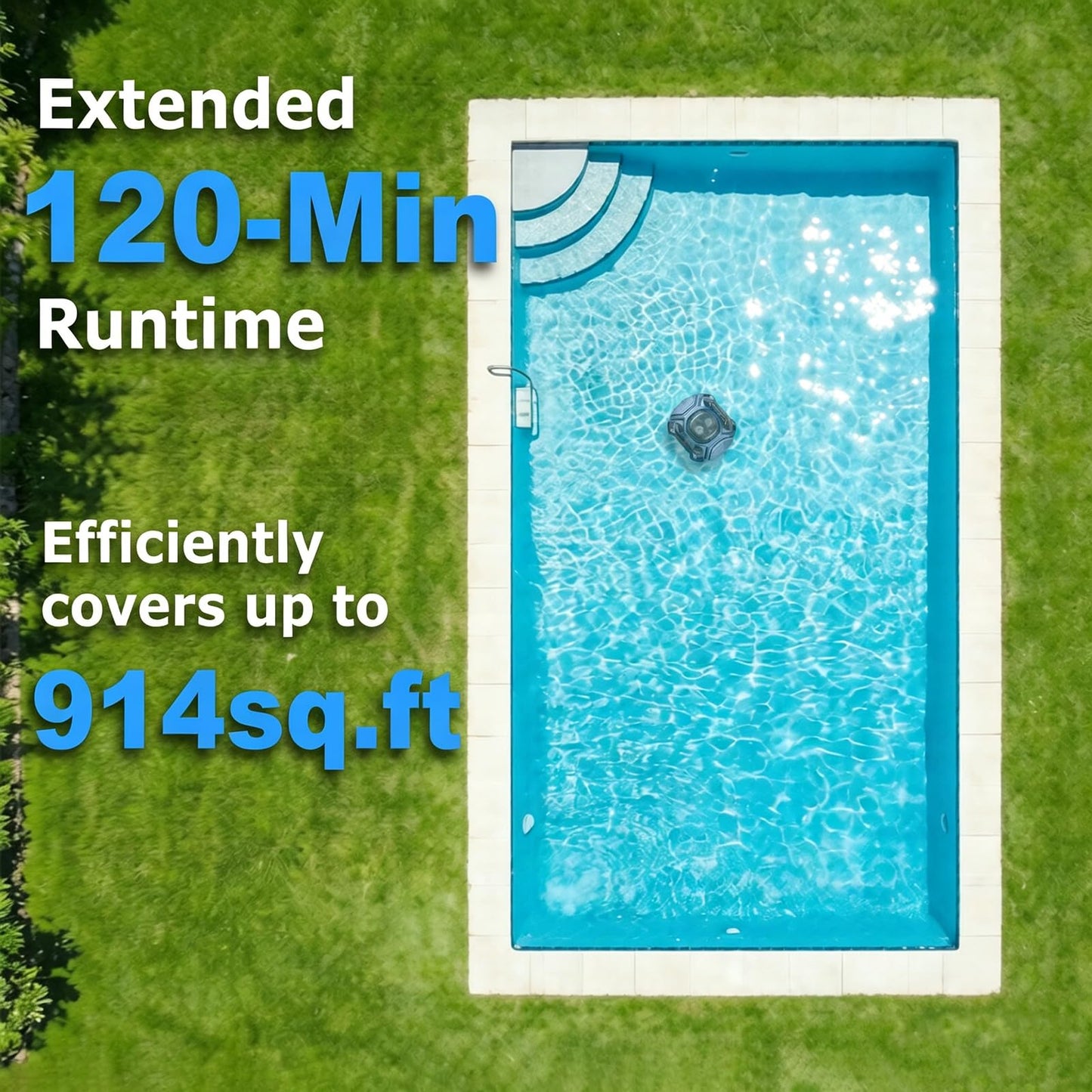 Cordless Pool Vacuum for Above Ground & Inground Pools, 120 Min Runtime Robotic Pool Cleaner with Retrieval Hook, Auto-Parking, Lightweight, Ideal for Flat-Bottom Pools up to 914 sq.ft