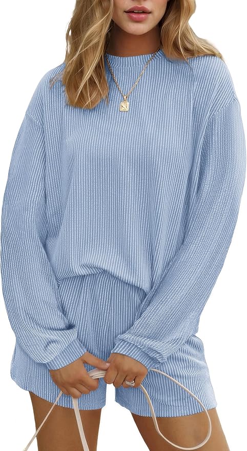Ekouaer 2 Pieces Lounge Set for Women Long Sleeve Pajamas Top and Shorts Matching Sets Outfits with Pockets