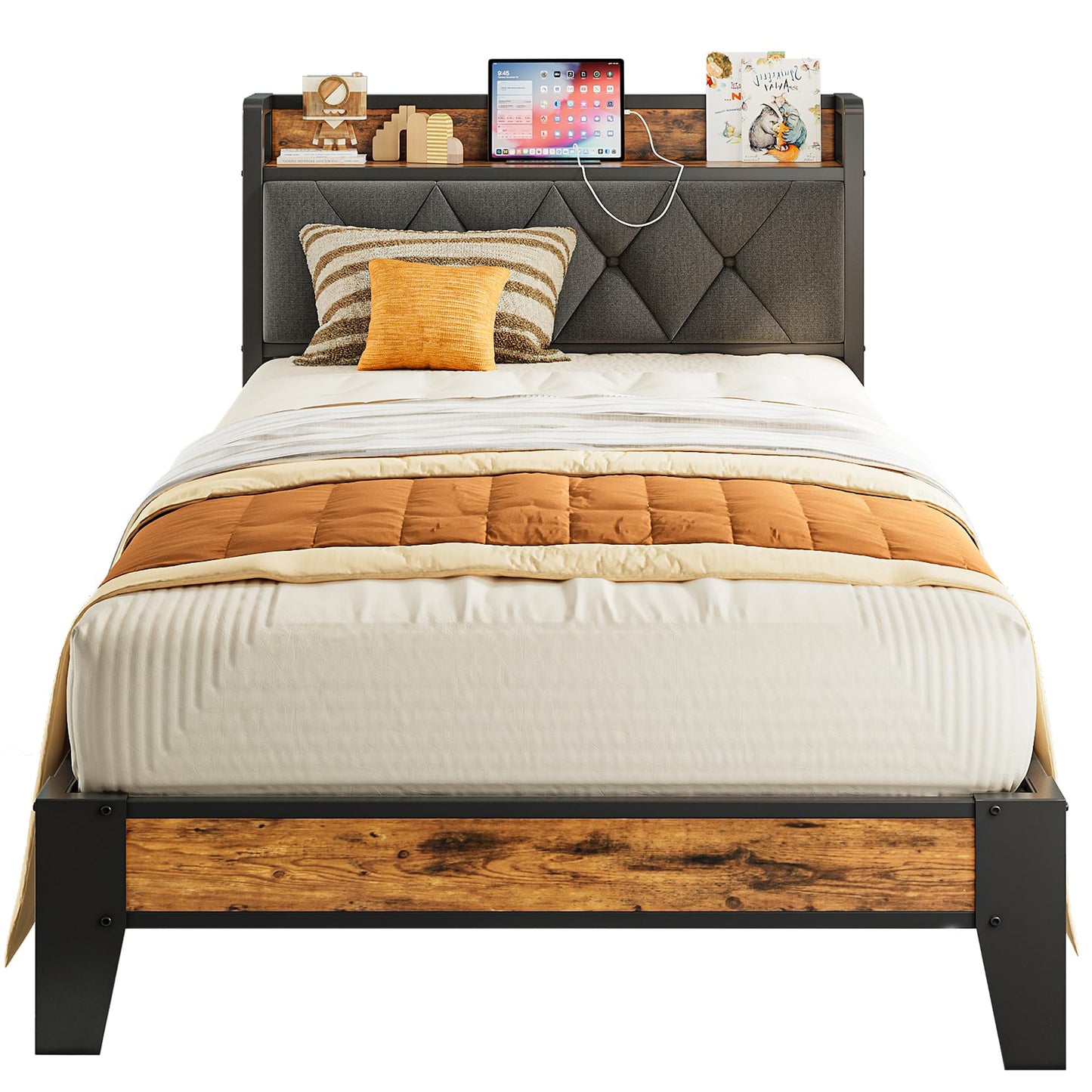 ANCTOR Twin XL Bed Frames, Storage Headboard with Outlets, Easy to Install, Sturdy and Stable, No Noise, No Box Springs Needed - Perfect for a Good Night's Sleep
