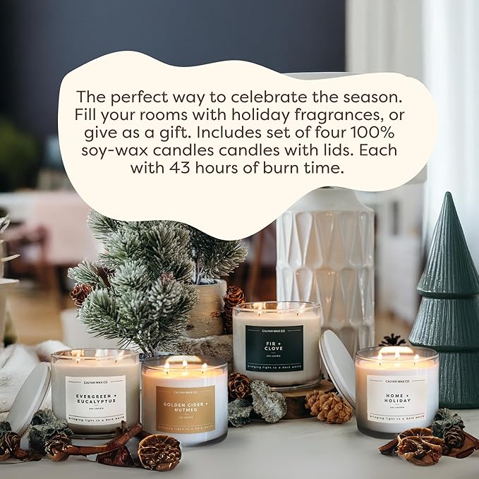 Calyan Wax Co. Holiday 3 Wick Scented Candle Gift Set - 4 Luxury Winter Scented Candles - 43 Hour Burn - 3 Wick Non Toxic Soy Wax Candles - Long Lasting Large Glass Jar Candle for Home - 14.9oz