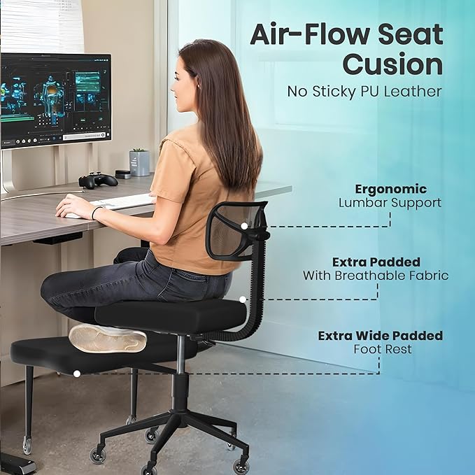 Cross Legged Office Chair with Rubber Wheels - Breathable Mesh Fabric - 360° Swivel ADHD Chair, Wider & Thicker Cushions for Meditation Chair, Criss Cross, and Kneeling