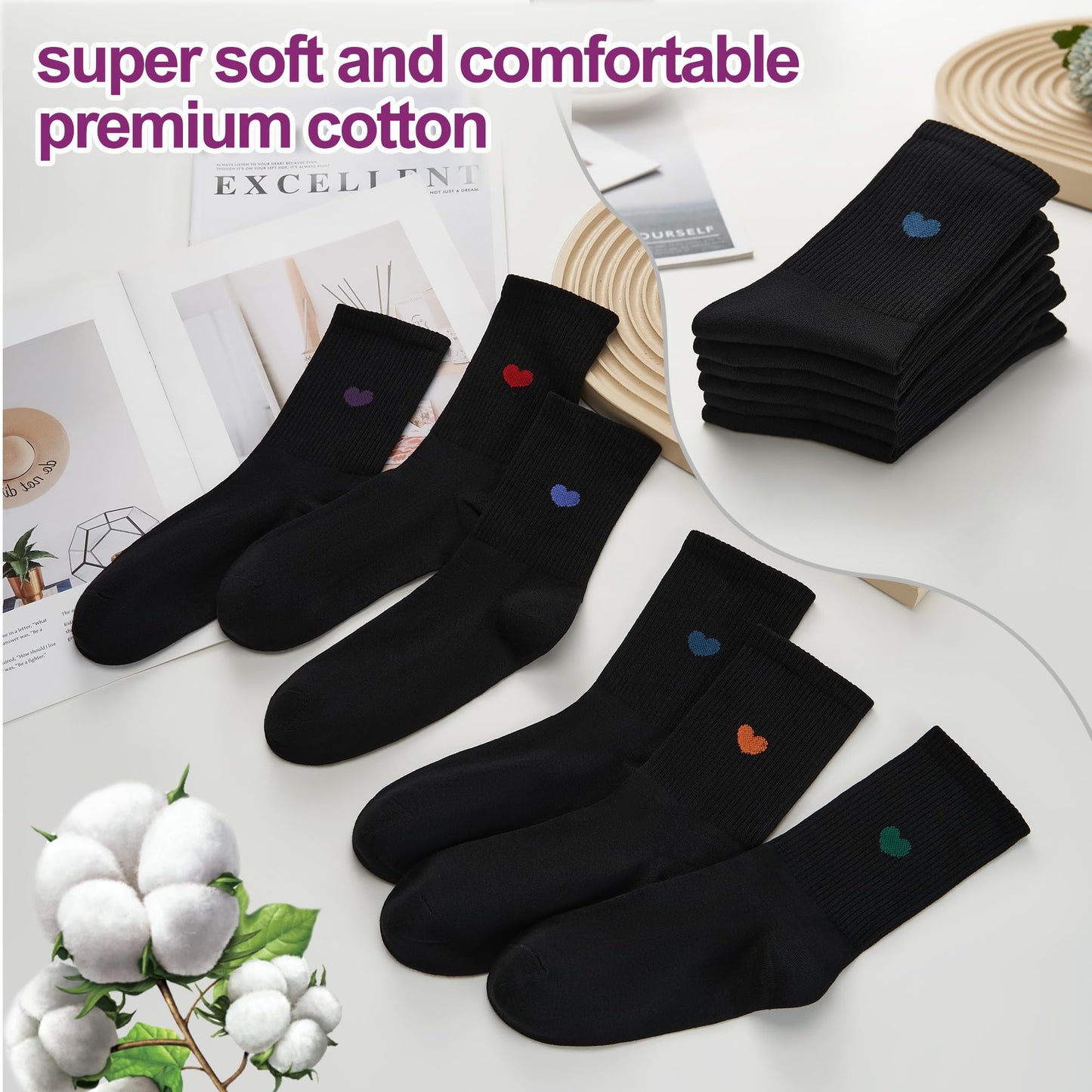 inhees Women's Cute Heart Crew Socks - 6 Pairs Cotton Novelty Casual Athletic Aesthetic Socks (Gift box)