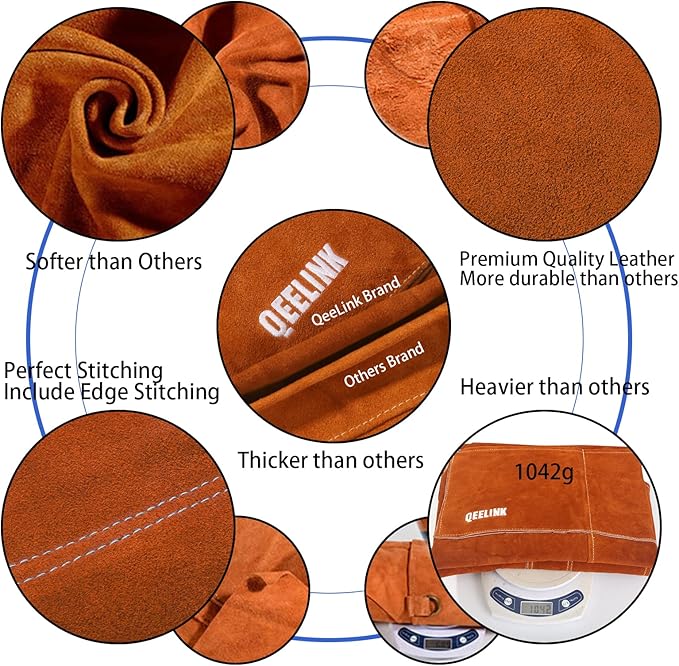 QeeLink Leather Welding Work Apron with 6 Tool Pockets, Heat & Flame Resistant Welder Aprons, 24" x 36", Adjustable M to XXXL