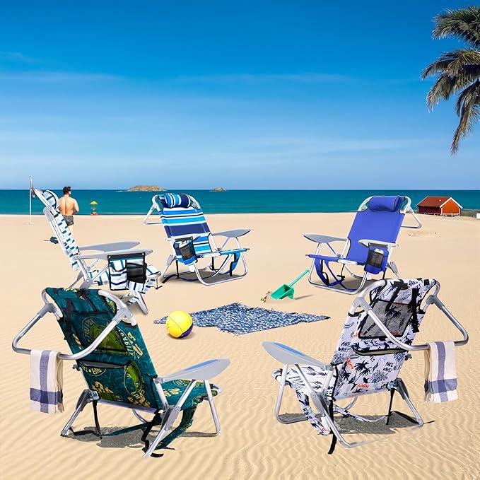 Canpsky Portable Beach Chair for Adults, Outdoor Camping Chair Lay Flat Folding Backpack Beach Reclining Chair with 5 Positions, Headrest, Zipper Pouch, Cup Holder, Blue