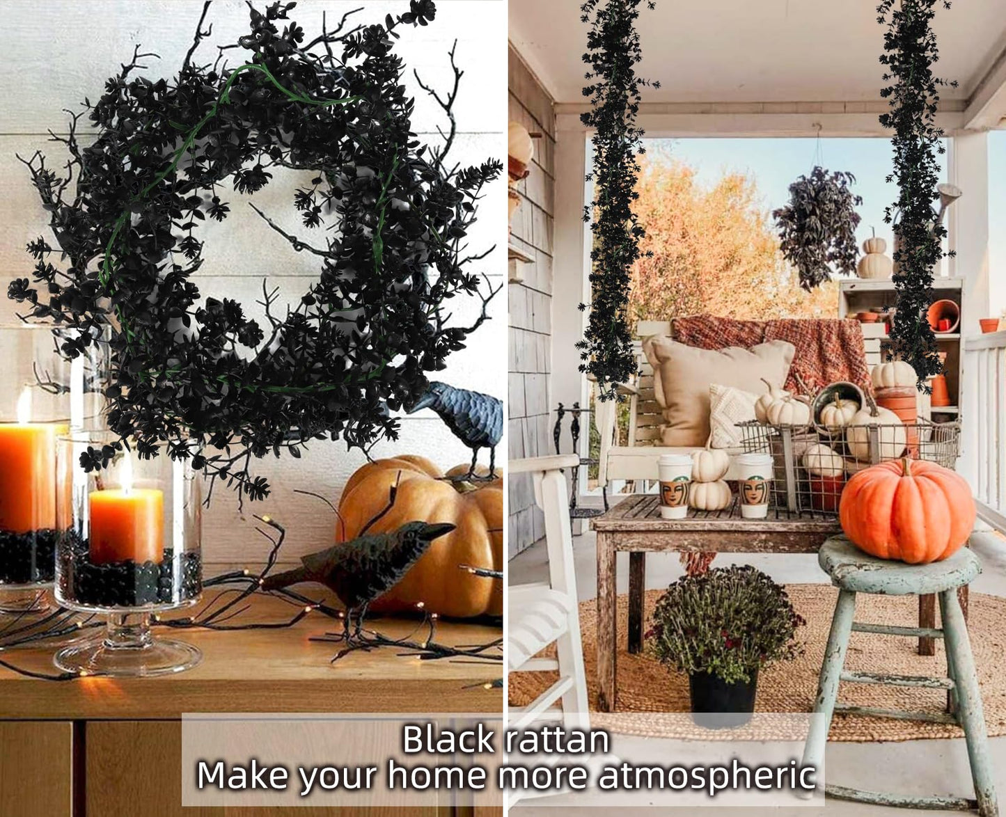 RECUTMS Black Artificial Flowers Black Eucalyptus Garlands Halloween Garland Black Leaf Garland with Flowers Fake Floral Greenery for Halloween Party Decor Home Backdrop Wall Fall Decor(Black)