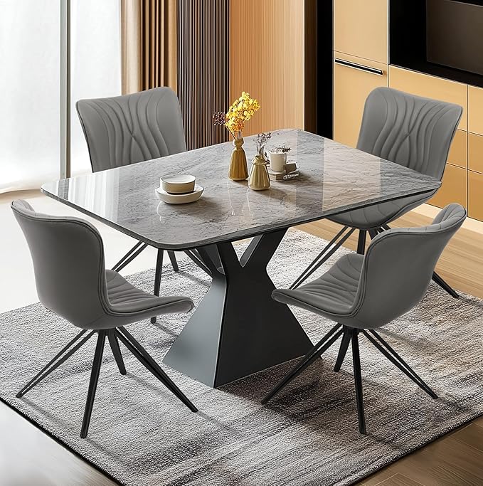 VATROS Dining Chairs Set of 4, 360° Swivel Upholstered Mid-Century Modern Kitchen Dining Room Chairs, Armless Faux Leather Accent Side Chair with Padded Back, Metal Legs for Living Room Bedrooms,Grey