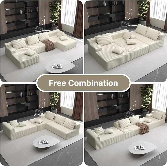 LAUSAINT HOME 132" Modular Sectional Sofa Couches, U-Shaped Boneless Cloud Sofa with 4 Deep Seat, 6 Cushiones Oversized Chaise for Living Room, Bedroom, Plush Corduroy Fabric (U Shaped Sofa, Beige)