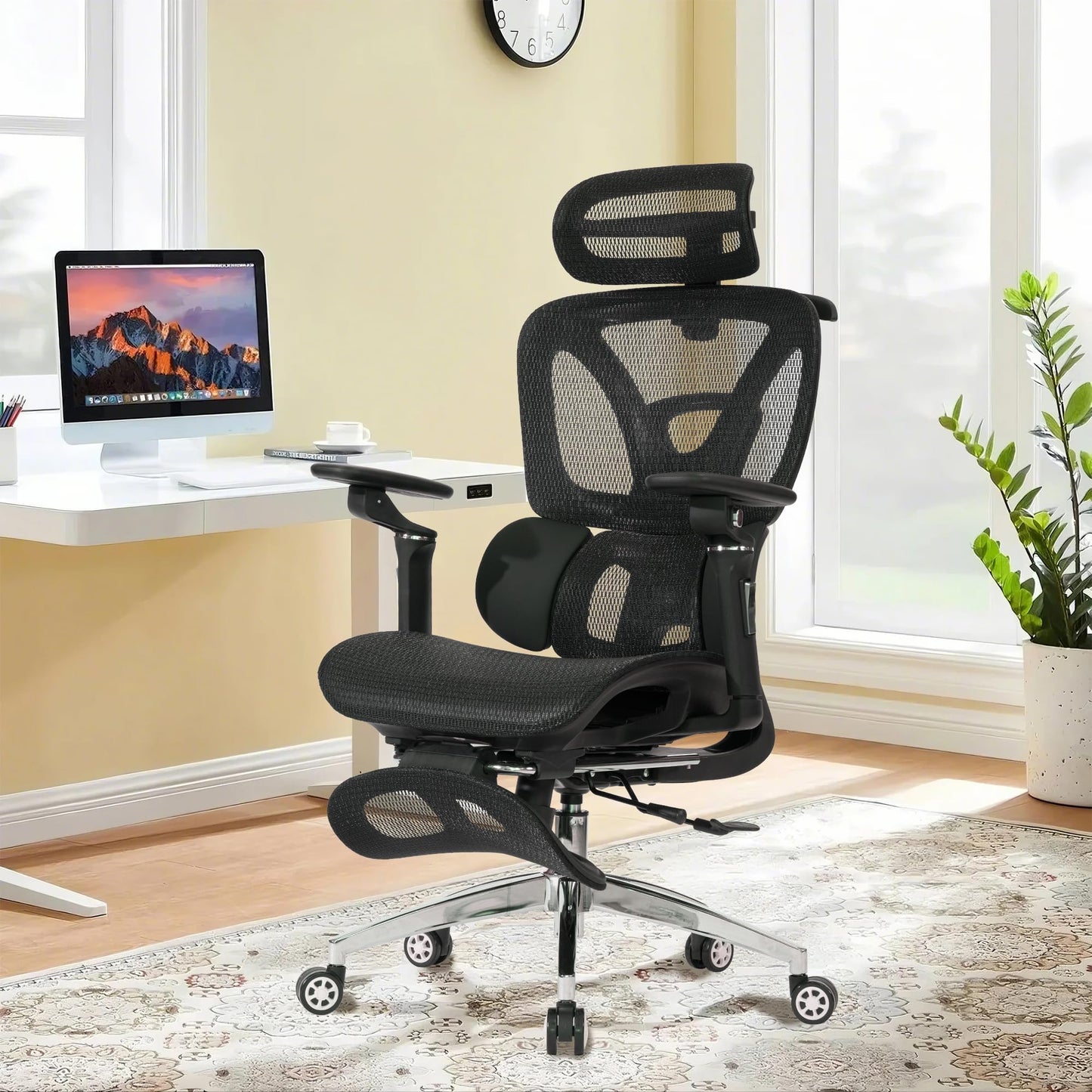 Ergonomic Mesh Office & Gaming Chair with Footrest, High Back Home Office Desk Chair, Comfortable 3D Lumbar Support, 130° Tilt, Adjustable Seat Depth, Adjustable 6D Armrest & 3D Headrest(Black Pro)