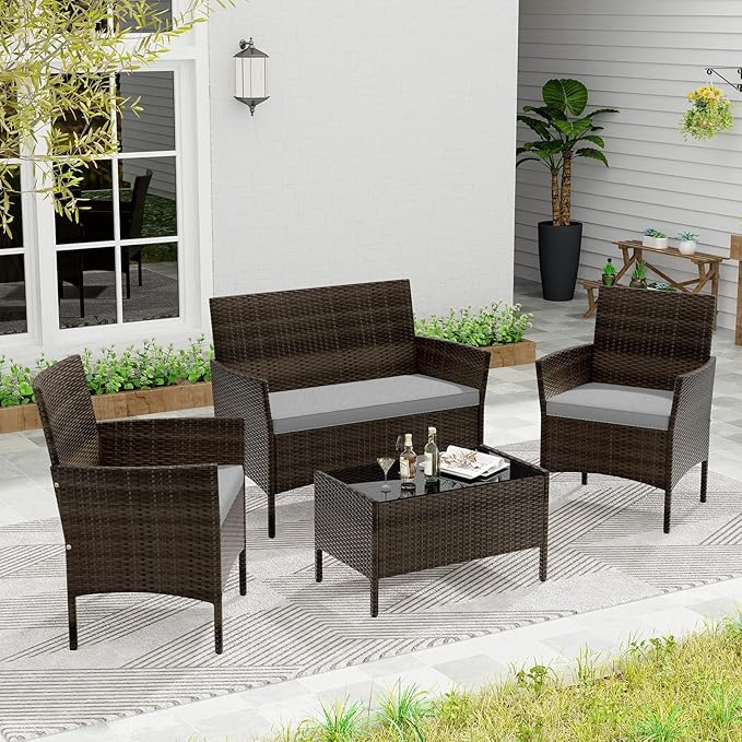 KOTEK 4 Piece Patio Furniture Set, Outdoor Rattan Conversation Set with Loveseat, Wicker Chairs, Tempered Glass Coffee Table, Wicker Patio Set for Backyard, Porch (Grey)