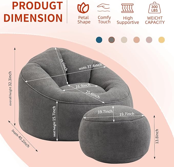 Bean Bag Chairs, Gaint Bean Bag Couch with Memory Foam for Adults and Kids, Microfiber Upholstered Sofa with Ottoman, Comfy Lazy Bean Bag Reading Chair for Living Room