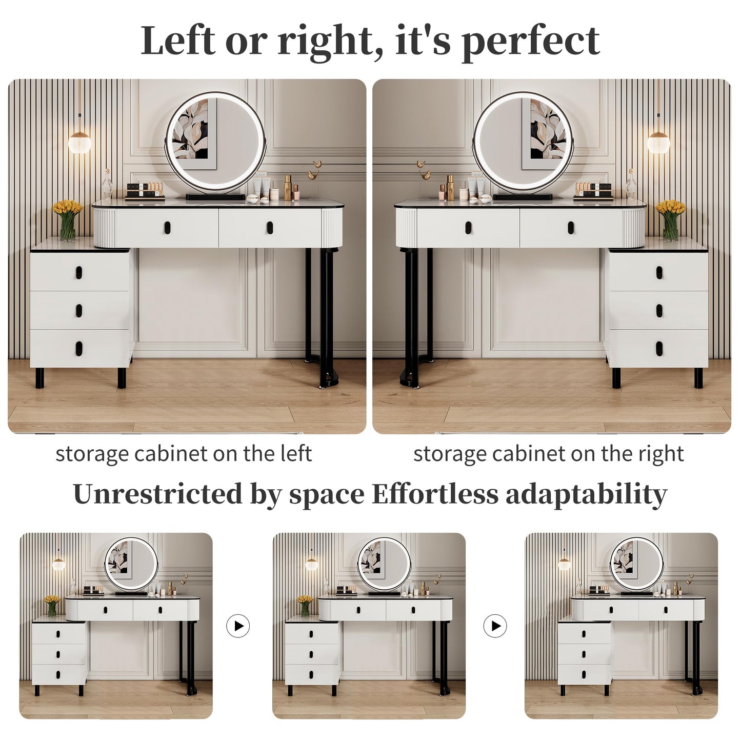 KDCAS Modern Vanity Desk with Mirror and Led Lights, Small Retractable Makeup Combo with Adjustable Cabinet, Dressing Table Set with 5 Drawers Storage for Bedroom, White
