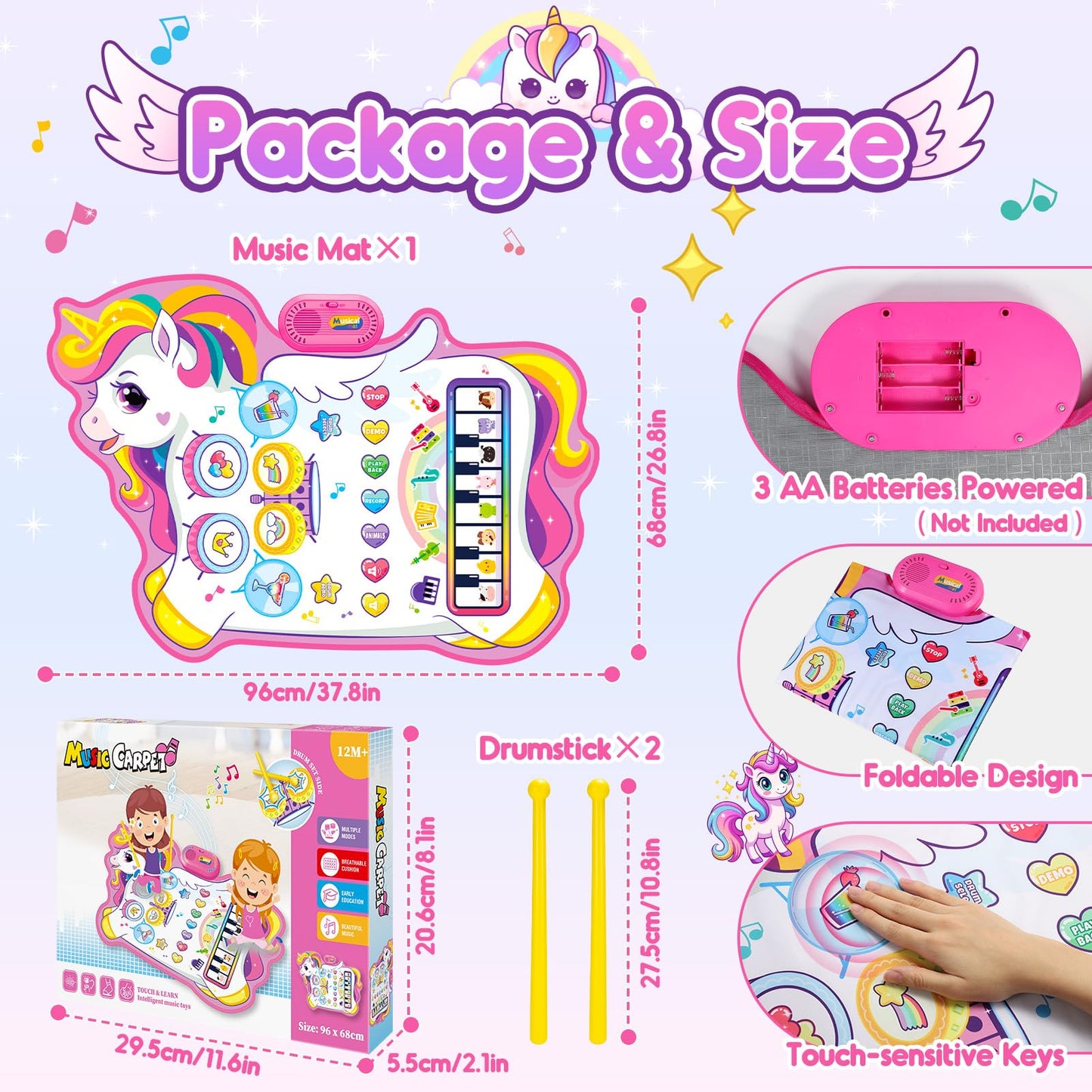 Unicorn Musical Mat for 1 2 3 Year Old Girls, 3 in 1 Piano Drum Mat Unicorn Gifts for 1-3 Year Old Girls, Toddler Toys 1st Birthday Presents for Kids Early Educational Music Toys