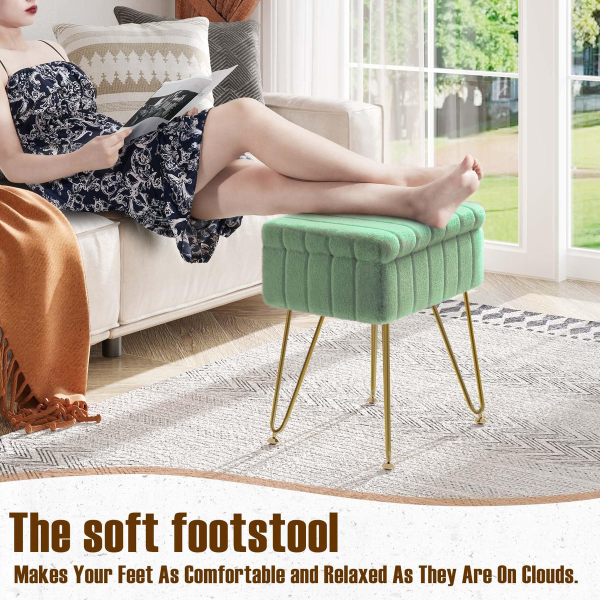 Greenstell Vanity Stool Chair Faux Fur with Storage, 15.7"L x 11.8"W x 19.4"H Soft Ottoman 4 Metal Legs with Anti-Slip Feet, Furry Padded Seat, Modern Multifunctional Chairs for Makeup, Bedroom,Green