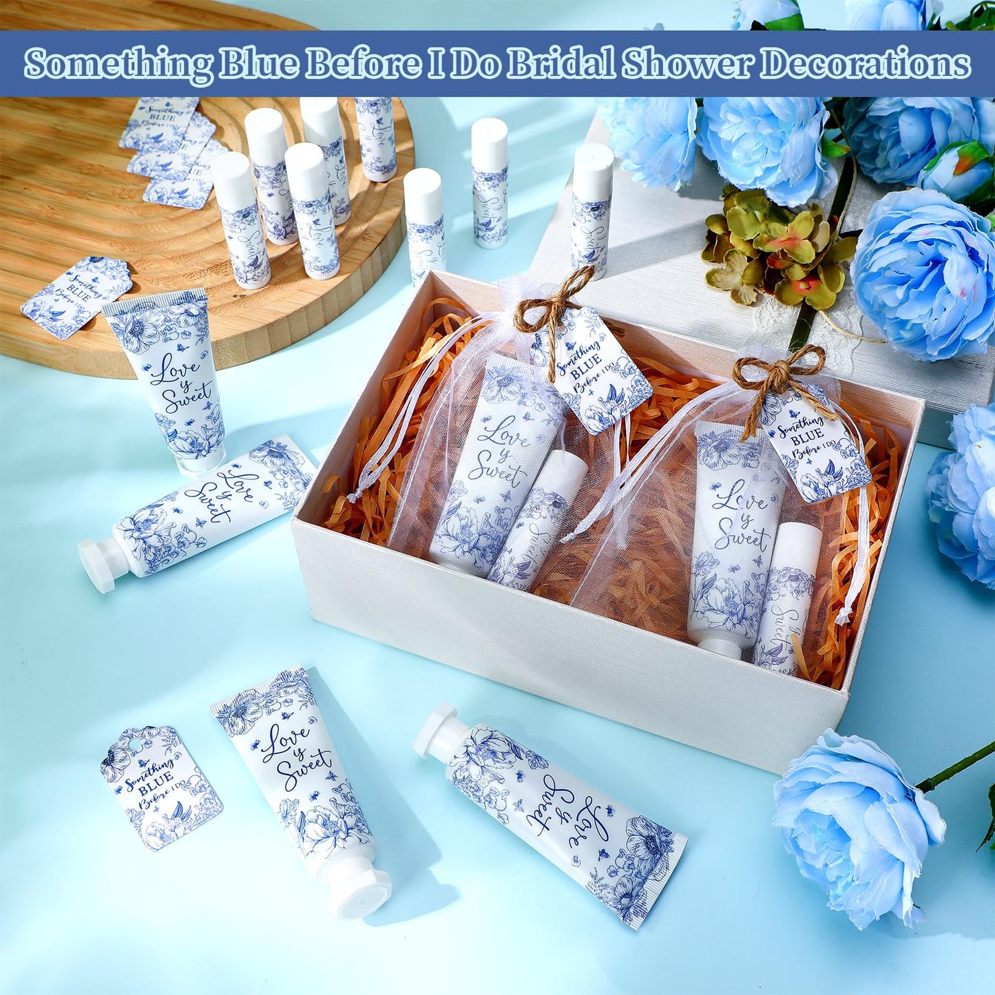 Swiffen 48 Sets Something Blue Before I Do Bridal Shower Hand Cream and Lip Balm Gift Bulk Blue Floral Wedding Favors Travel Siz