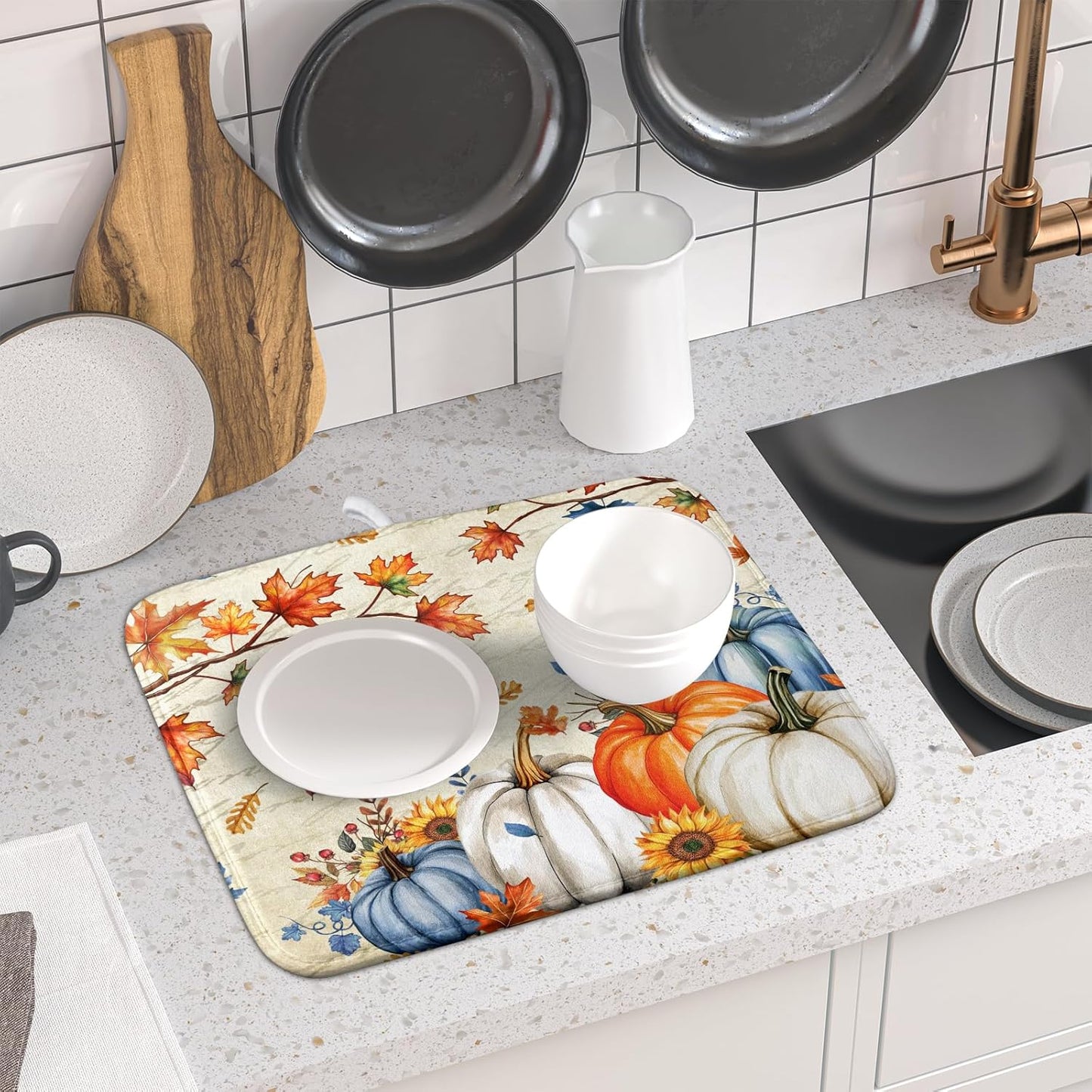 Fall Pumpkin Dish Drying Mat for Kitchen Counter 16x18 Inch Vintage Autumn Thanksgiving Absorbent Reversible Microfiber Dish Drainer Rack Mats Countertops Protector Mat