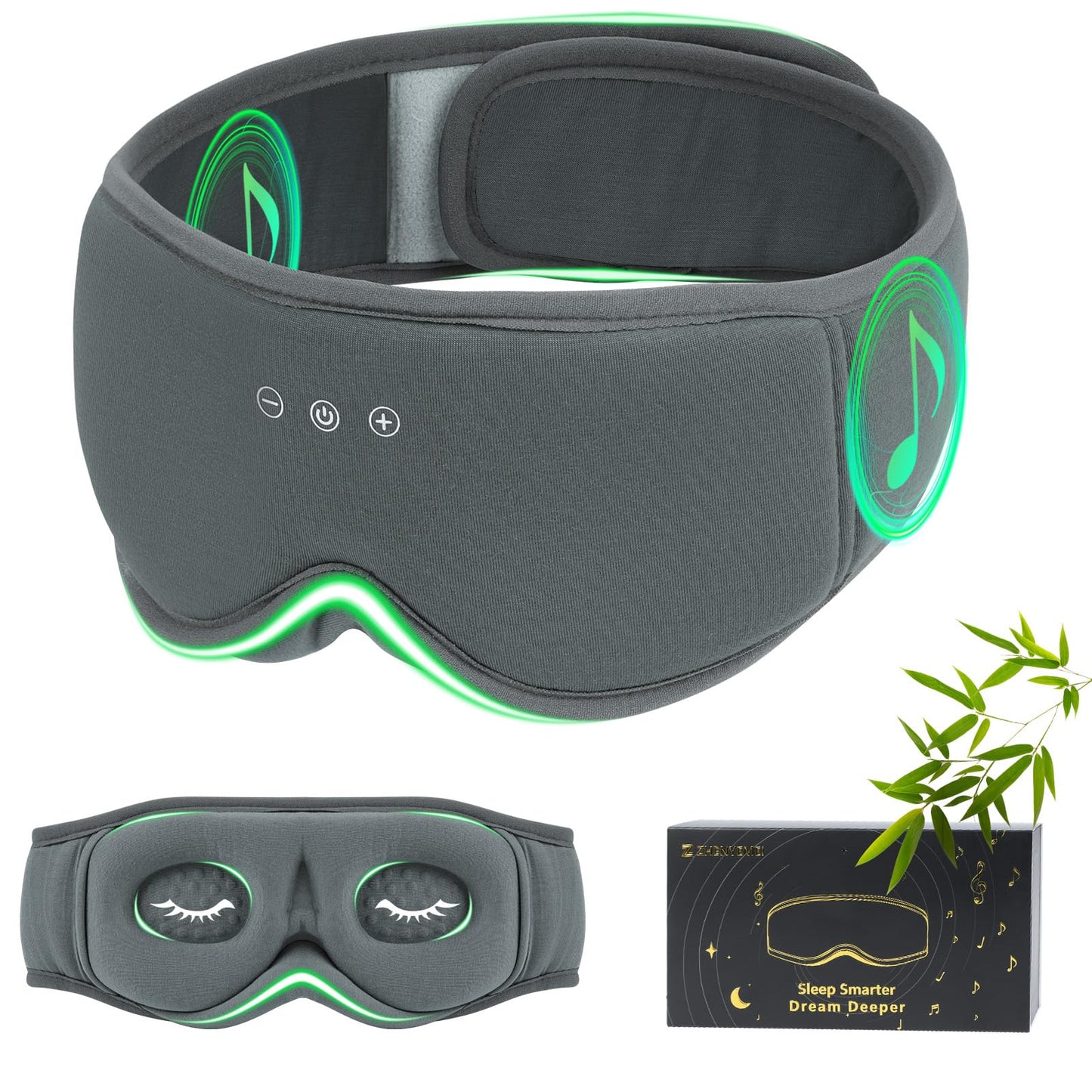 Bamboo Cotton Sleep Mask with Bluetooth Wireless Headphones - Blackout Eye Mask for Sleeping 3D Contoured Sleep Headband Ear Muffs Lengthen & Low Noise Hook for Better Experience (Grey)