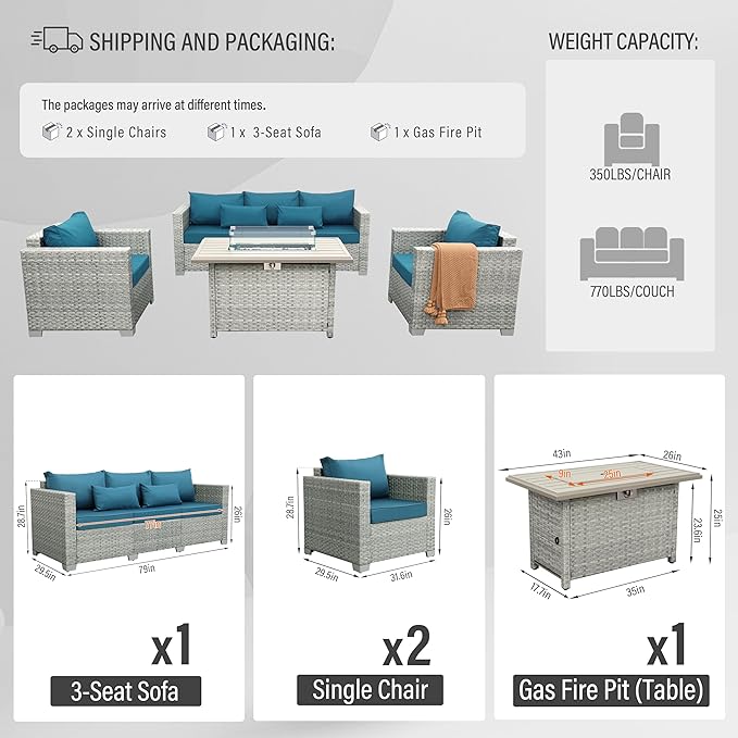 WAROOM Patio Furniture Set 4 Piece Wicker Conversation Sets PE Rattan Chair Outdoor Couch Sectional Sofa with Fire Pit Table, Peacock Blue Cushion