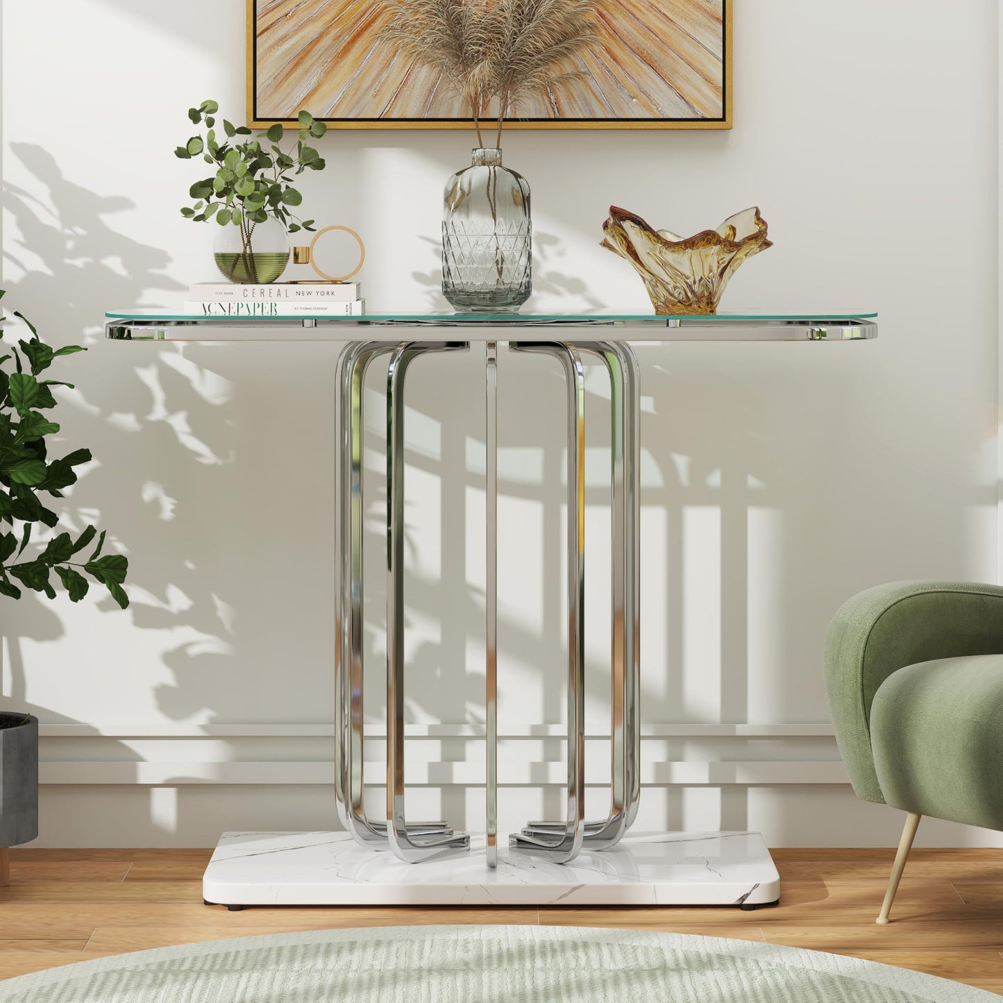 O&K FURNITURE 43" Modern Glass Console Table with Curved Chrome Frame & Faux Marble Base, Silver Narrow Sofa Table for Entryway, Living Room, Hallway, Home Office