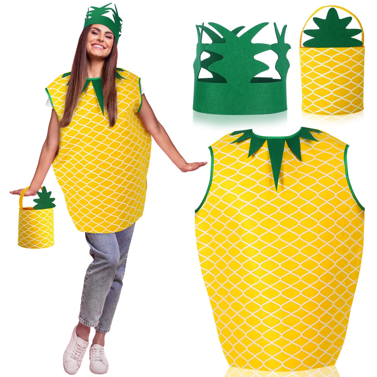 Suhine 3 Pcs Halloween Pineapple Costume Pineapple Poncho Outfits Costume for Women with Hat Hand Bag Funny Fruit Costume for Halloween Cosplay Dress up Party