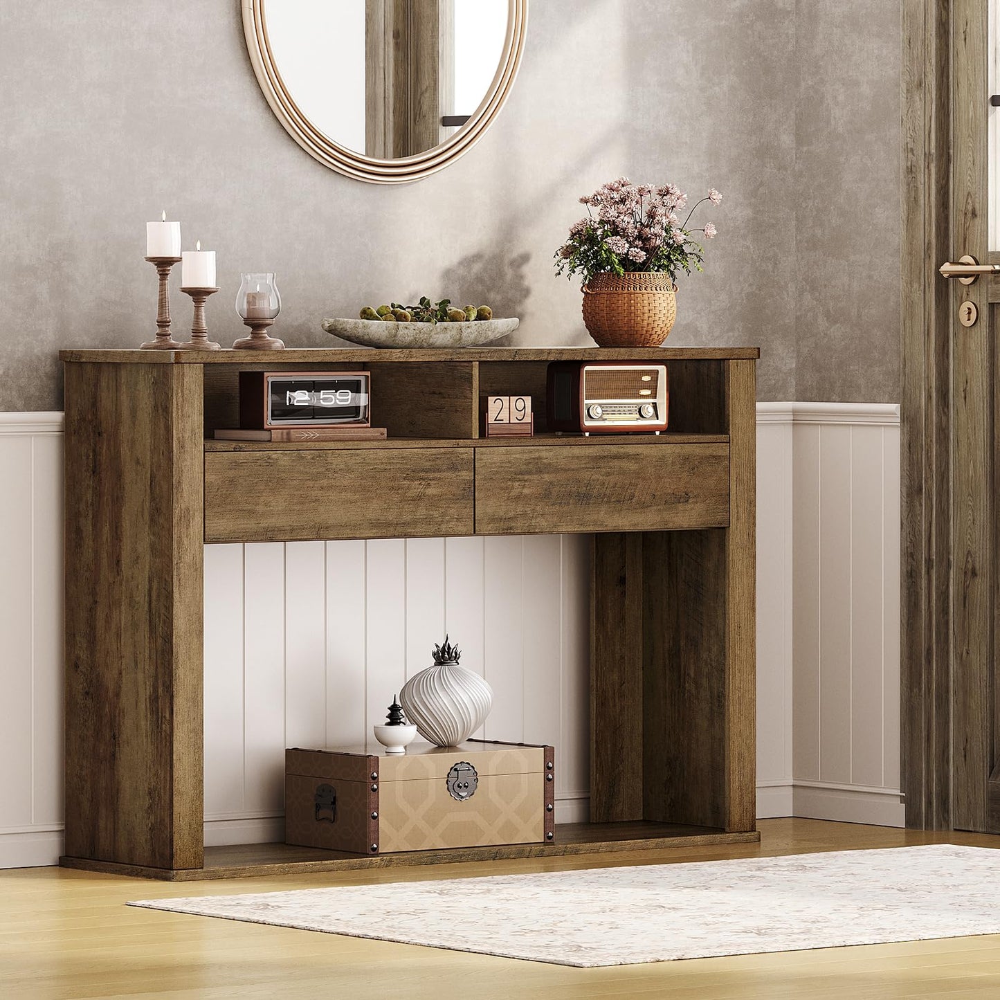 RALGEND 43.3 Inches Console Table, Narrow Entryway Table with 2 Drawers, 2 Compartments and Bottom Shelf, Farmhouse Hallway Accent Table for Entryway, Living Room, Foyer, Hallway, Dark Brown