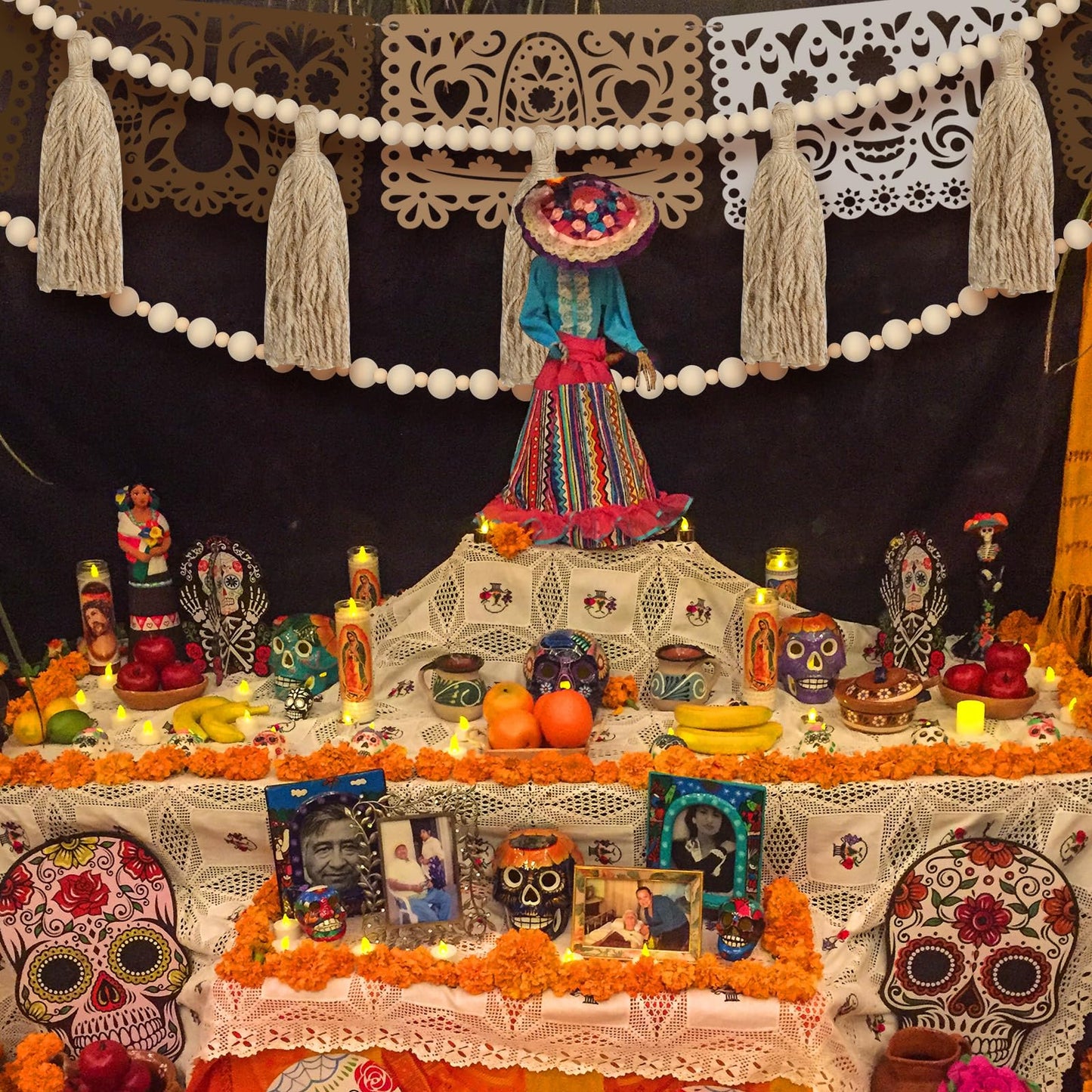 RoundFunny 3 Pack 23 ft Day of the Dead Garland Neutral Wood Bead Felt Dia De Los Muertos Decorations for Altar Day of the Dead Banners for Home Mantel Door Window Indoor Mexican Fiesta Party Supplies