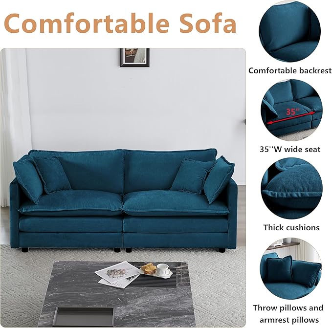 mikibama Luxury Loveseat Sofa Couch, 76" Modern Chenille Deep 2-Seater Cloud Couch with 2 Armrest Pillows and 2 Toss Pillows, Love Seat for Living Room Bedroom Office Apartment, Blue
