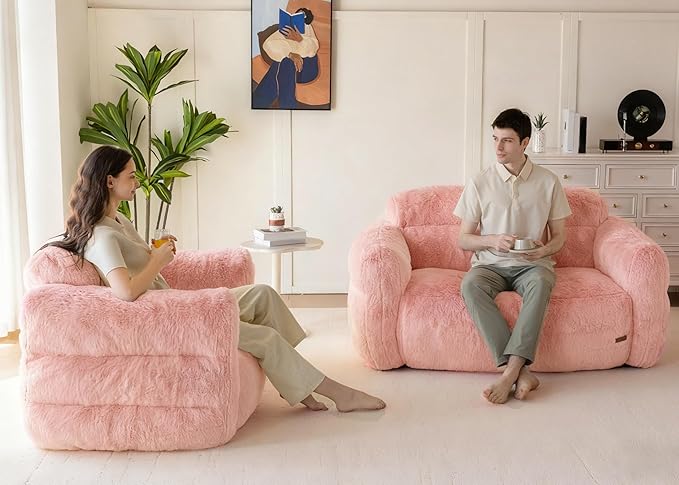 MAXYOYO Giant Bean Bag Chair for Adults, Ultra Soft Fluffy Bean Bag Sofa, Oversized Floor Sofa for Living Room Bedroom, Cozy Reading Chair with Filler, Pink