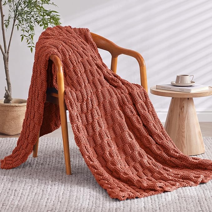 Knitted Weighted Blanket for Adult, No Beads Heavy Blanket 50” x 60'' 10lbs, Breathable Chunky Knit Blanket, Cooling Weighted Blanket for Hot Sleepers, Christmas Home Decor (Orange)