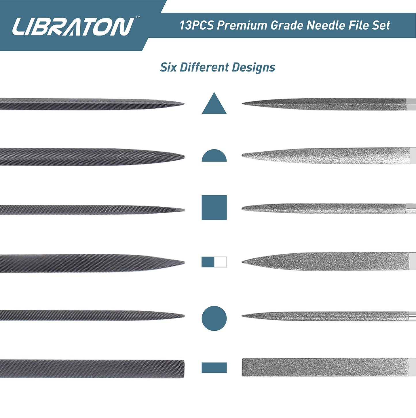 LIBRATON Small File Set, Needle Diamond Files 13PCS, 6pcs Jewlers & 6 Steel for Precision Metal Work, Wood, Woodworking, Plastic Carving Tool with Brush and Carry Case