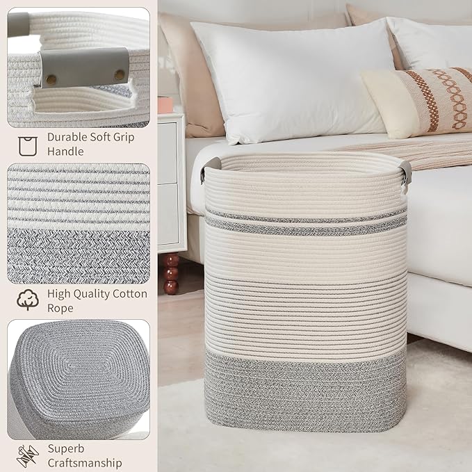 DOFASAYI Laundry Hamper - 85L Large Laundry Basket with Leather Handles, Decorative Storage Basket for Blankets - Clothes Hamper for Living Room, Bedroom, Grey & White