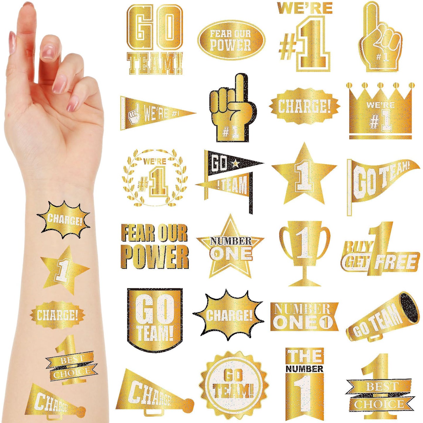 Landhoow 240 Pcs Gold Team Spirit Tattoos Temporary Glitter Go Team Tattoos Football Temporary Stickers Party Costume Accessory