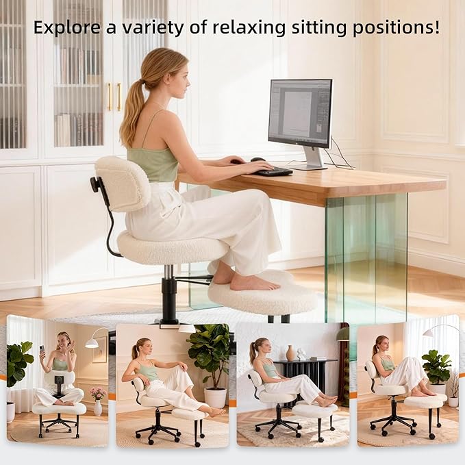 DUMOS Ergonomic ADHD Cross Legged Office Desk Chair with Adjustable Backrest, Height Adjustbale Meditation Chair with 360° Swivel Footstool, Teddy Fabric Yoga Stool for Home Office, White