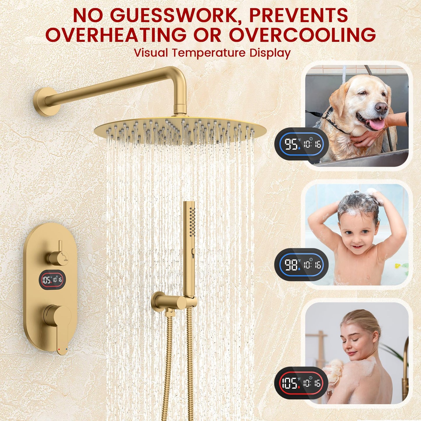 Round Shower Faucet Set with Hydro Power Temperature Display, Shower System Bathroom 10 Inch Shower Head with Handheld Spray, Wall Mounted Shower Fixtures with Shower Valve and Trim Kit, Brushed Gold
