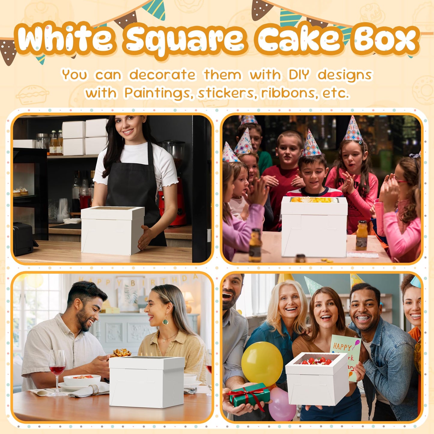 3 Pack Cake Boxes, 10x10x8 Inches Tall Cakes Box with Window, White Cake Boxes with Cakes Boards, Square Bakery Box, for Cake, Treat Cookie Dessert, Pastry, Birthday Party, Mother's Day, Weddings