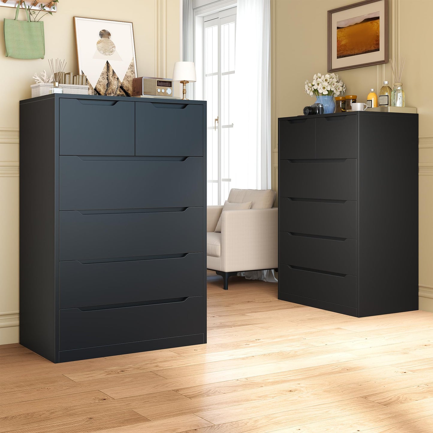 Romorgniz 6 Drawer Dresser for Bedrom,Tall Black Chest of Drawers for Bedroom, Hallway, Closet, Modern 43.2" H X 27.6" W X15.6 D