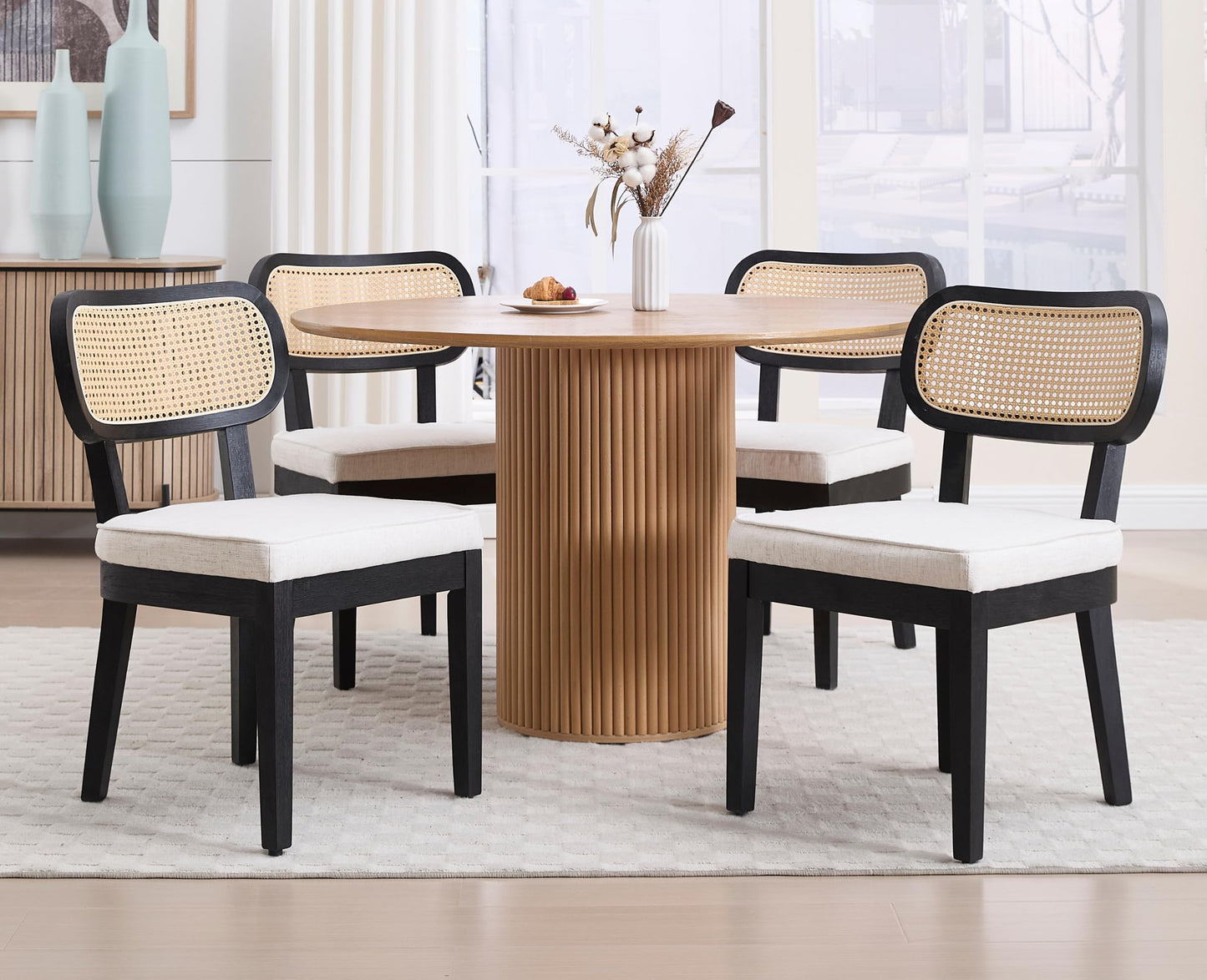 EALSON Mid Century Modern Rattan Dining Chairs Set of 4 Farmhouse Black Wood Kitchen Chairs with Cane Back Linen Upholstered Accent Armless Chairs for Dining/Living Room Restaurant, Beige
