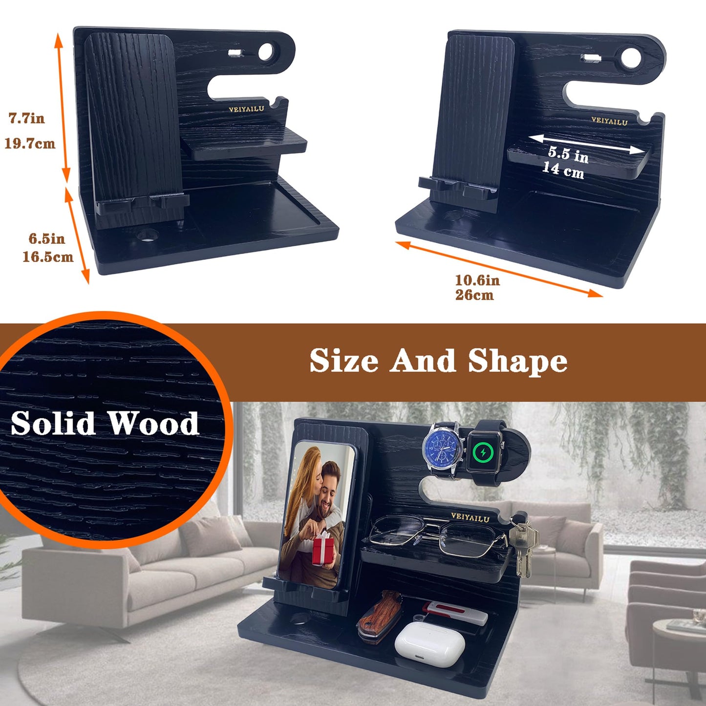 VEIYAILU Gifts for Dad Men Mom Women from Daughter Son Birthday Gifts Nightstand Organizer Mens Wood Phone Docking Station (Black)