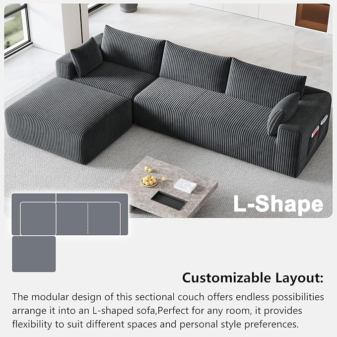 Domiqut 108" Cloud Couch Modular Sectional Sofa for Living Room,L-Shaped Boneless Couch with Deep Seat Chaise,No Assembly Required Foam Sleeper Sofa for Apartments,Plush Corduroy Fabric, Dark Gray