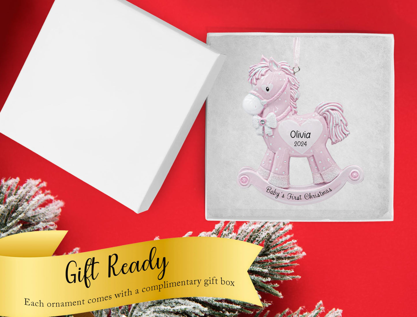 UniqXmas Personalized Baby's First Christmas Ornament 2025 | Custom Pink Baby Girl Rocking Horse Xmas Tree Decoration – My 1st Year Ornament for Newborn New Grandbaby