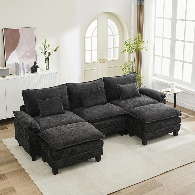 URRED Cloud Couch Modular Sectional Sofa, 122" Modern U Shaped Deep Seat Sofa with 2 Ottomans & Pillows, Ultra Comfy Chenille Couches for Living Room, Bedroom or Apartment, Black