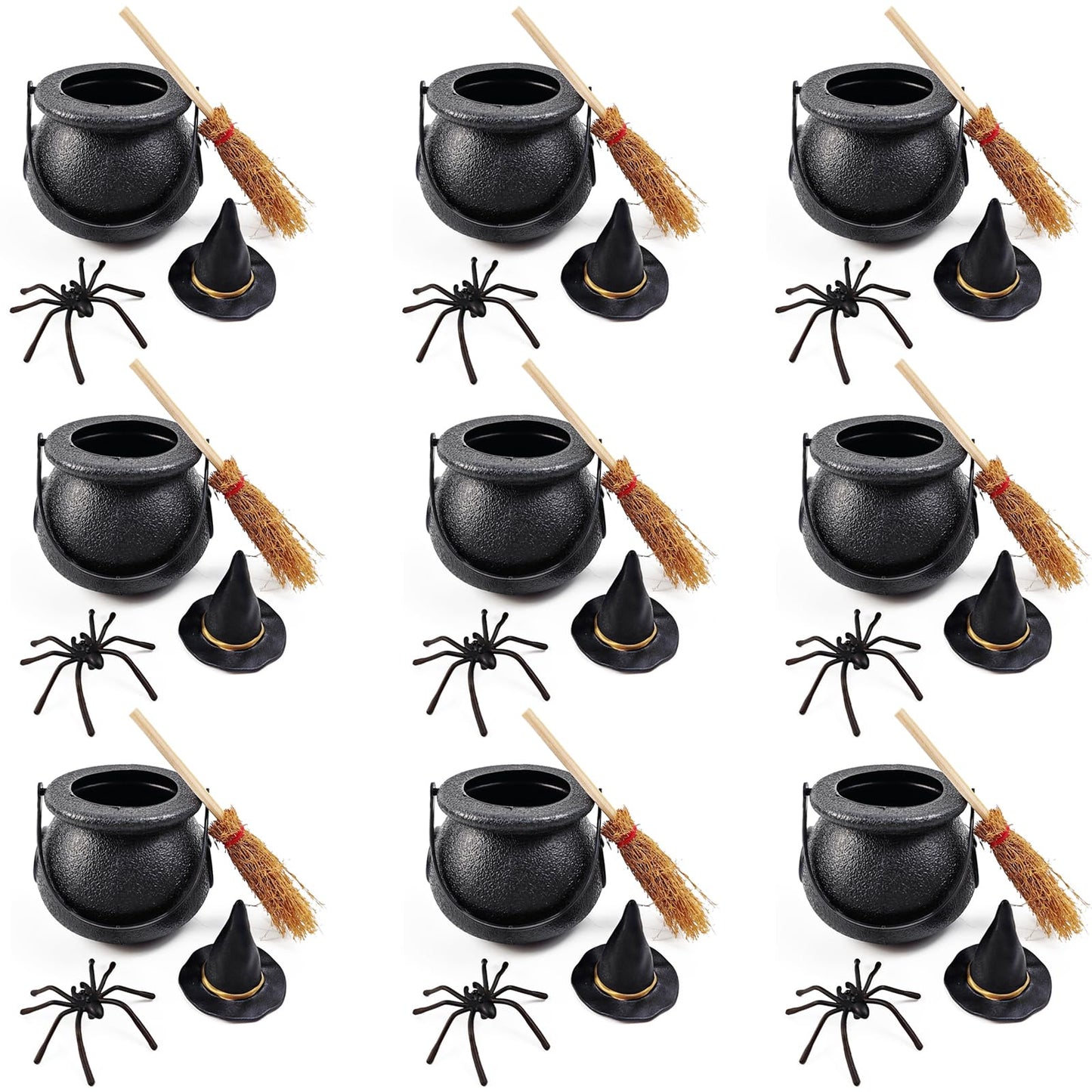 ROYHOO 48PCS Halloween Mini Witch Cauldron Set- 12 Pack Small Plastic Black Candy Cauldron with Spider, Broom, Witch Hat for Halloween Dollhouse Craft Accessories Table Decoration Supply