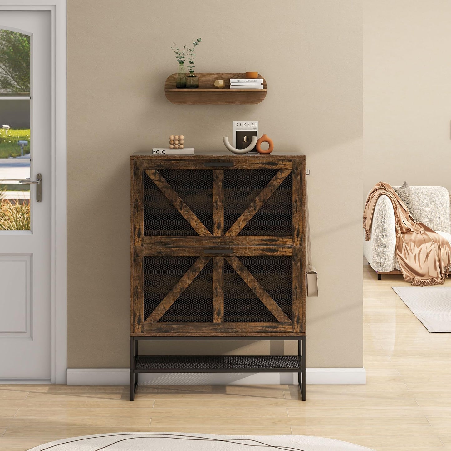 LYNCOHOME Shoe Storage Cabinet with 2 Flip Drawers, Farmhouse Shoe Organizer for Entryway/Hallway, Freestanding Shoe Rack Cabinet with Wire Netting and Steel Legs, Rustic Brown
